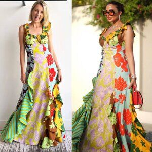 Alemais Poppy Spliced Multicolored Ruffled Midi Dress Linen Cotton Size US 8 NWT